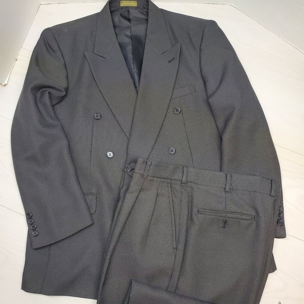 Club International Mens Double Breasted Suit 44R W38 Black Vintage 90s Old Money